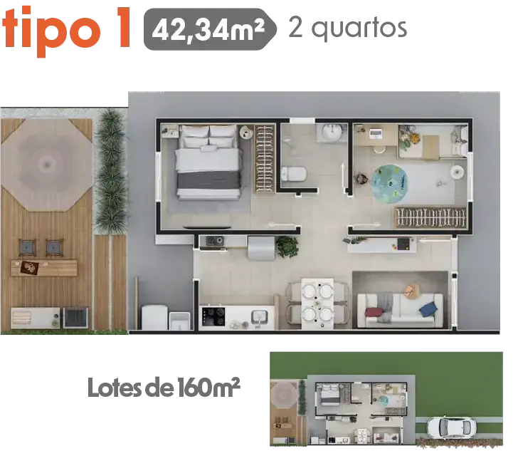 Planta do Modelo 42,34 m² de 2 quartos em lote de 160 m² no Amplo Park