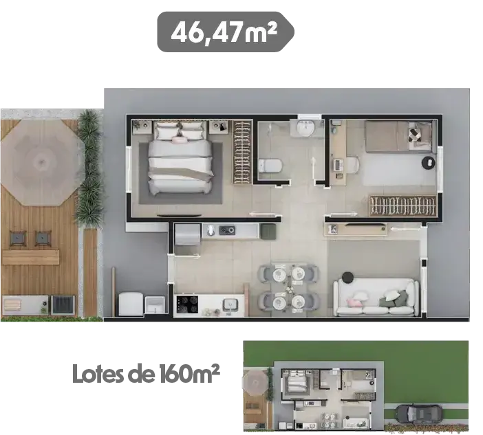 Planta do Modelo 46,47 m² de 2 quartos em lote de 160 m² no Amplo Park