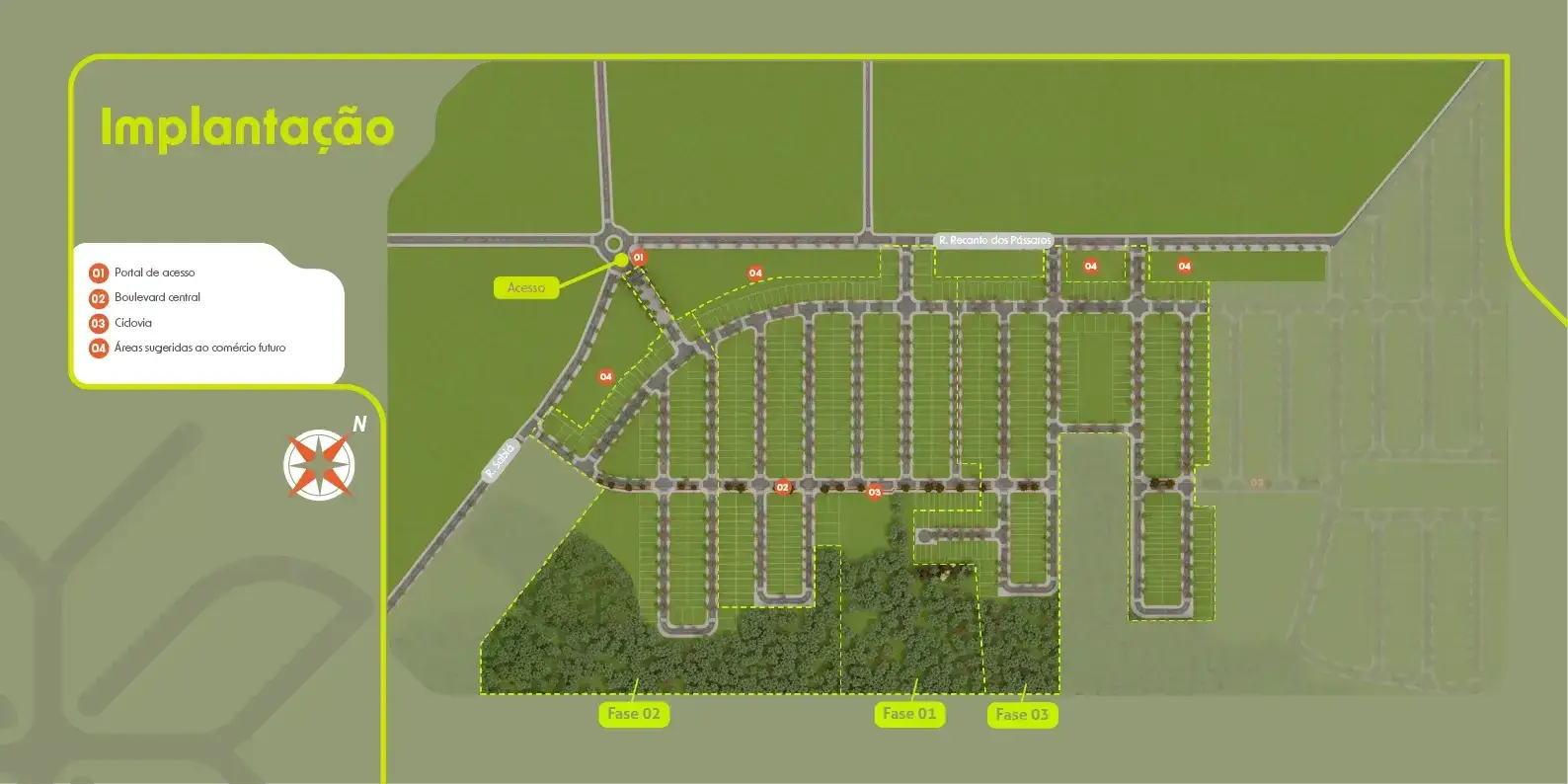 Mapa de implantação do Amplo Park, com portal de acesso, boulevard central, ciclovia e áreas comerciais