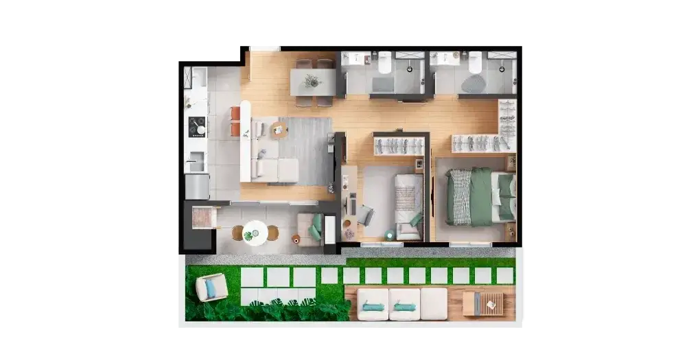 Planta: 2 quartos com suíte 52,25 m², garden privativo 20,78 m² — Barra Home Resort