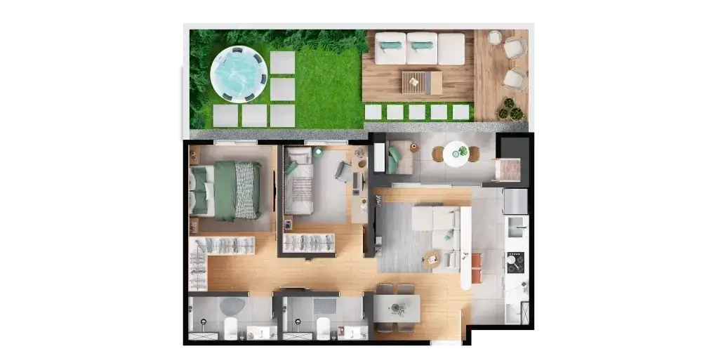 Planta: 2 quartos com suíte 52,25 m², garden privativo 30,20 m² — Barra Home Resort