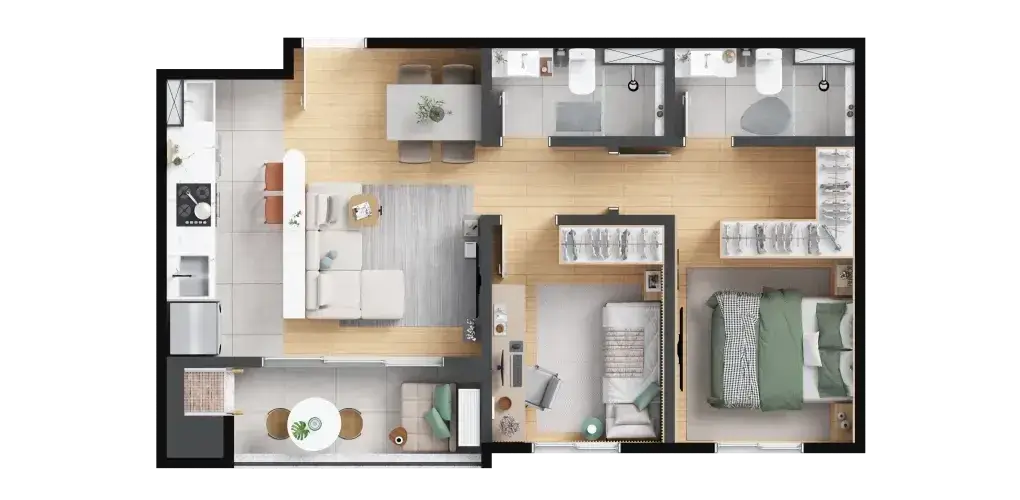 Planta: 2 quartos com suíte 53,20 m² 2 — Barra Home Resort