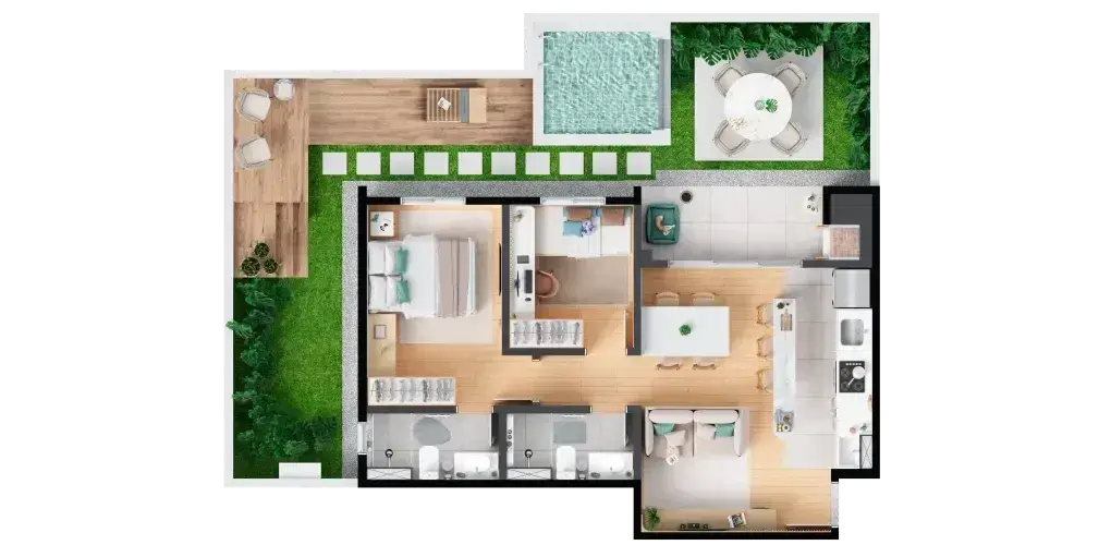 Planta: 2 quartos com suíte 53,20 m², garden privativo 46,14 m² — Barra Home Resort