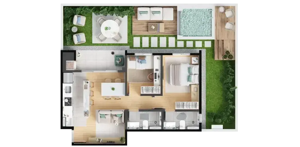 Planta: 2 quartos com suíte 53,20 m², garden privativo 51,64 m² — Barra Home Resort