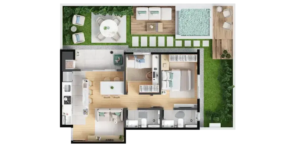 Planta: 2 quartos com suíte 53,20 m², garden privativo 51,64 m² — Barra Home Resort
