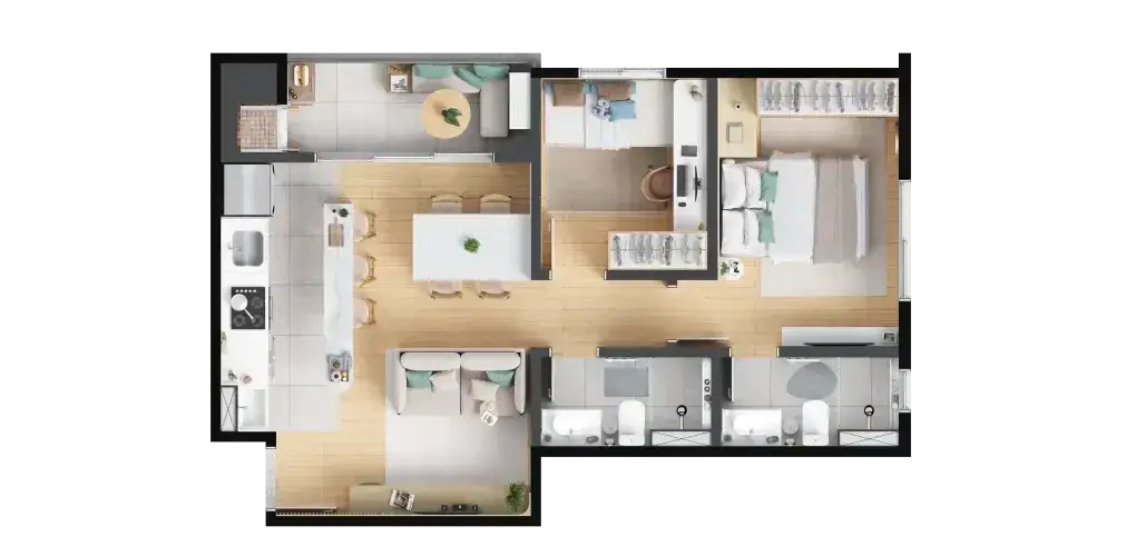 Planta: 2 quartos com suíte 53,20 m² — Barra Home Resort