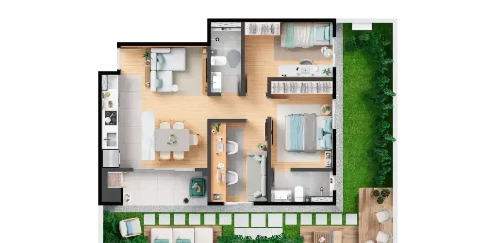 Planta: 3 quartos com suíte 64,19 m², garden privativo 43,62 m² — Barra Home Resort
