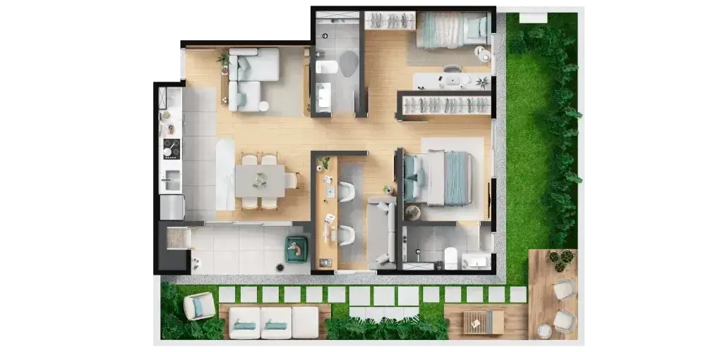 Planta: 3 quartos com suíte 64,19 m², garden privativo 43,62 m² — Barra Home Resort