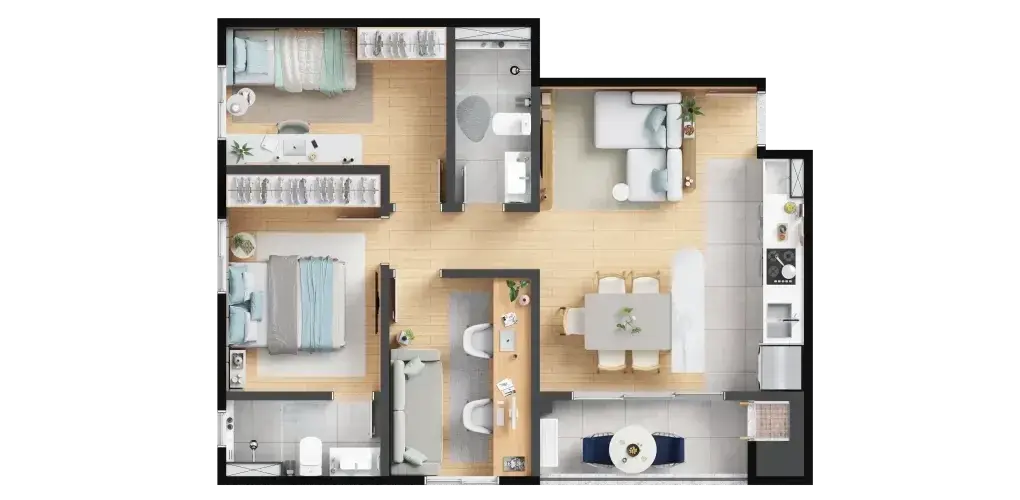 Planta: 3 quartos com suíte 64,19 m² — Barra Home Resort
