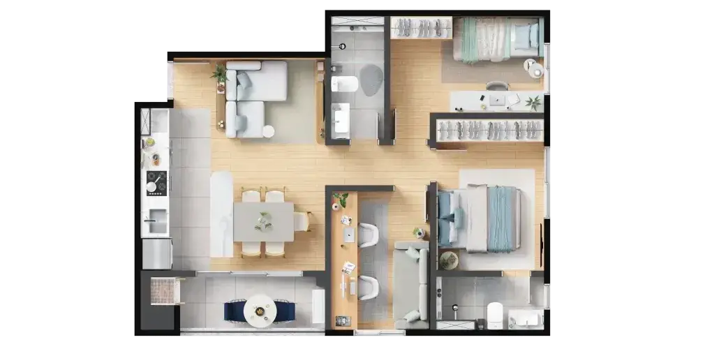 Planta: 3 quartos com suíte 64,19 m² — Barra Home Resort