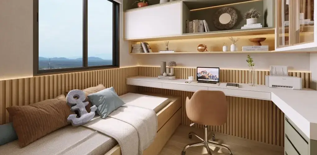quarto com home office — perspectiva ilustrativa do apartamento do Barra Home Resort