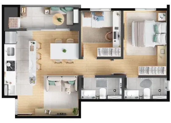 Planta Unidade 2QS — 2 quartos com suíte, 53,20 m² — Barra Soul Home Resort & SPA