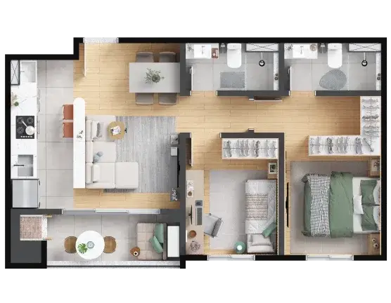 Planta Unidade 2QS — 2 quartos com suíte, 52,25 m² — Barra Soul Home Resort & SPA