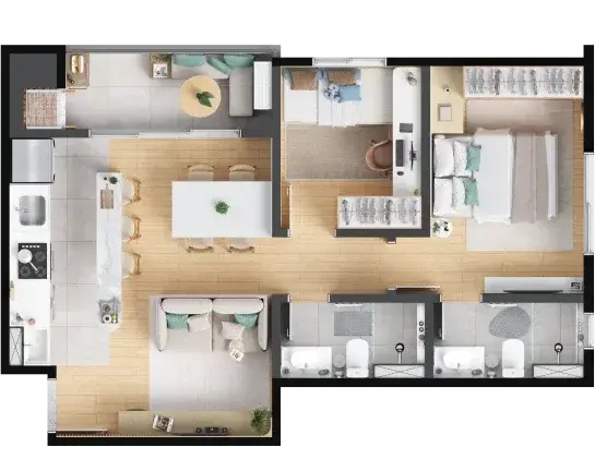 Planta Unidade 2QS Ocean View (Torre A) — 2 quartos com suíte, 53,20 m² — Barra Soul Home Resort & SPA