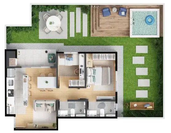 Planta Unidade 2QS Gardens (final 03 e 06) — 2 quartos com suíte, 53,20 m² + gardens de 48,79 a 61,70 m² — Barra Soul Home Resort & SPA