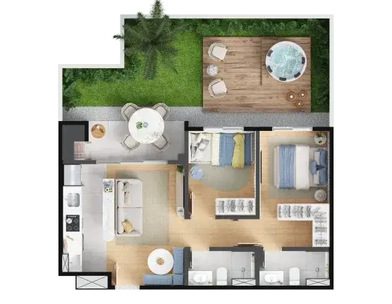 Planta Unidade 2QS Gardens (final 04 e 05) — 2 quartos com suíte, 52,25 m² + gardens de até 27,46 m² — Barra Soul Home Resort & SPA
