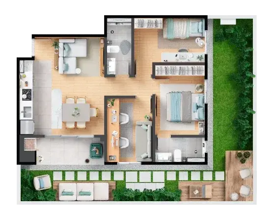Planta Unidade 3QS Gardens (final 02 e 07) — 2 quartos com suíte, 52,25 m² + gardens de 46,18 a 60,85 m² — Barra Soul Home Resort & SPA