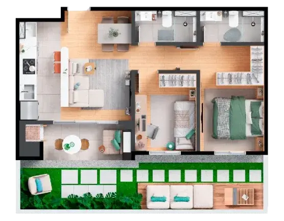 Planta Unidade 2QS Gardens (final 01 e 08) — 2 quartos com suíte, 53,20 m² + gardens de 22,92 m² — Barra Soul Home Resort & SPA