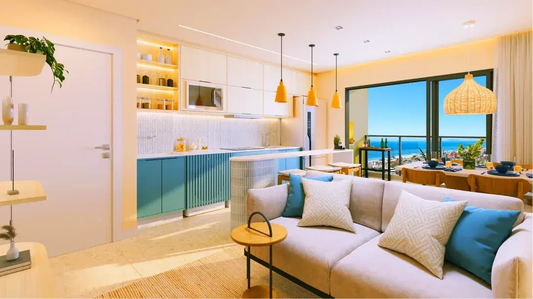 Living integrado com cozinha e janela para o mar no Barra Soul Home Resort & SPA — perspectiva ilustrativa