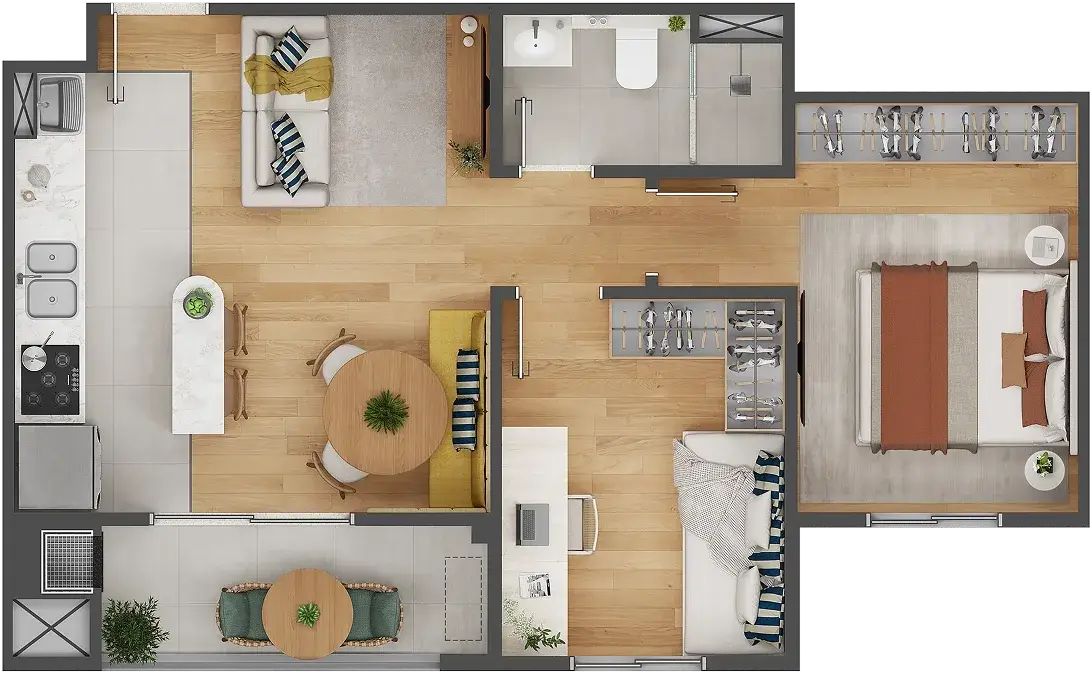 Perspectiva ilustrativa do apartamento tipo do Itajuba CasaMar