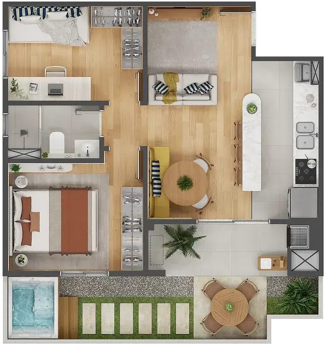 Perspectiva ilustrativa do apartamento tipo do Itajuba CasaMar