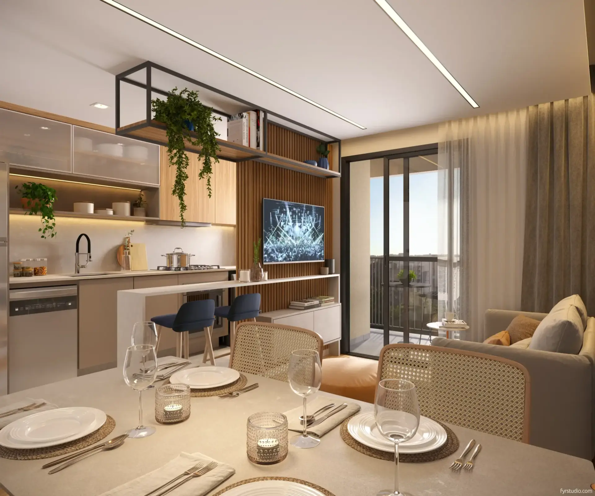 Living integrado de um apartamento de 2 quartos do MEO Anita