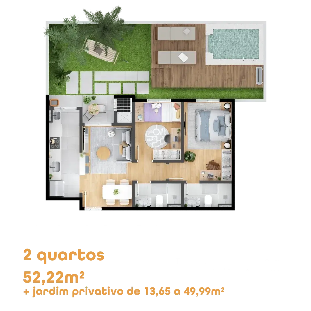 Planta do apartamento Giardino de 2 quartos, 52,22 m² mais jardim privativo, do MEO Anita