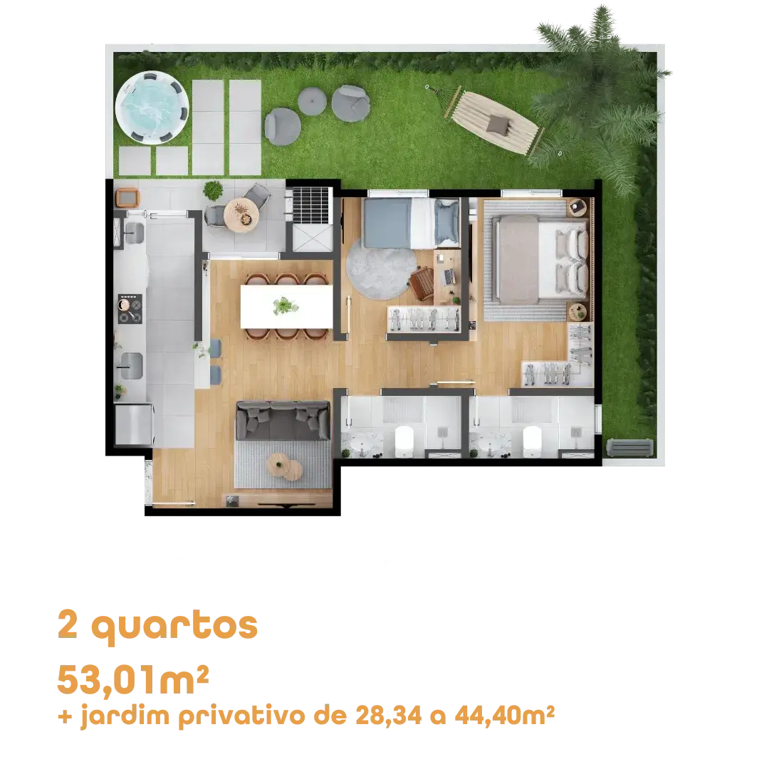 Planta do apartamento Giardino de 2 quartos, 53,01 m² mais jardim privativo, do MEO Anita