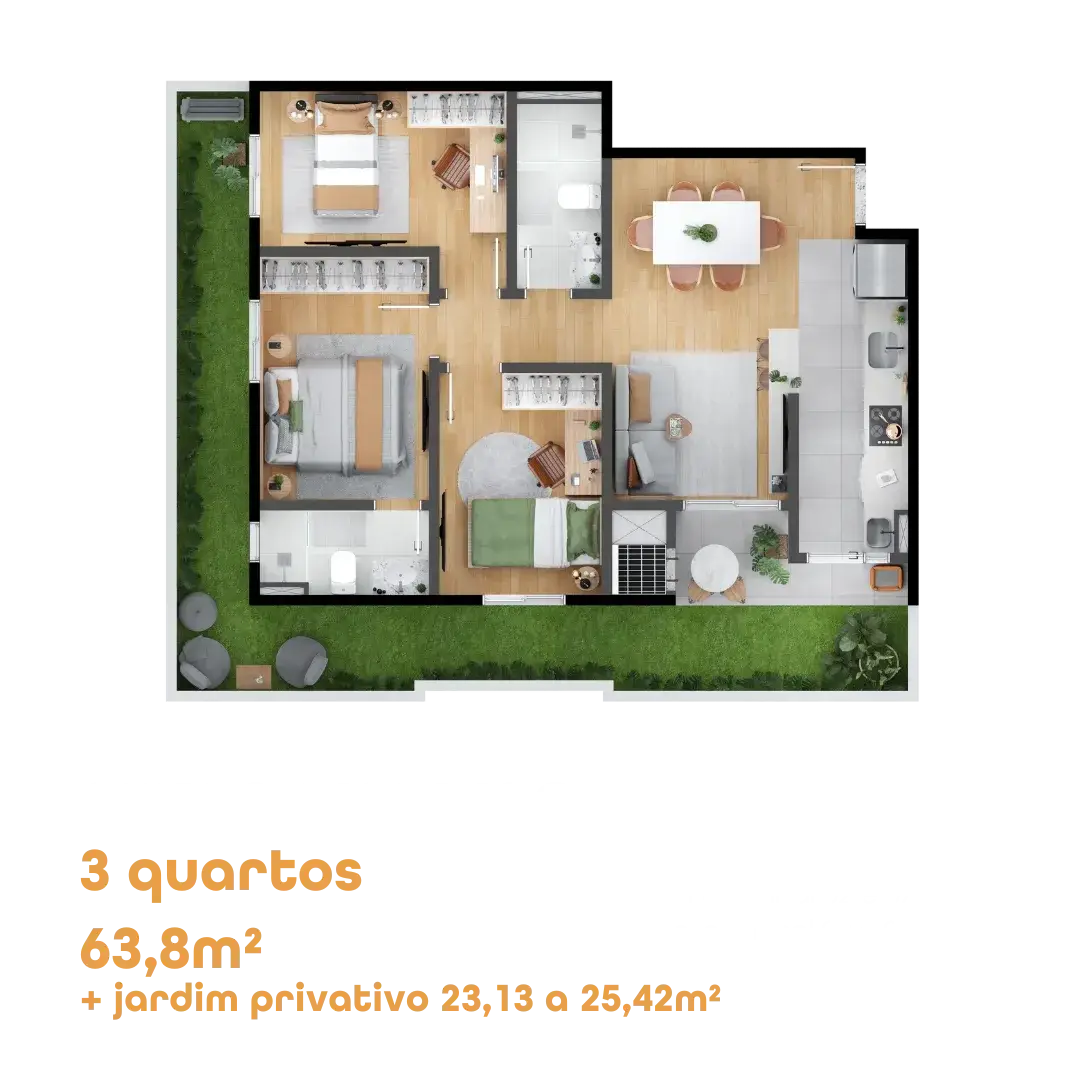 Planta do apartamento Giardino de 3 quartos, 63,8 m² mais jardim privativo, do MEO Anita