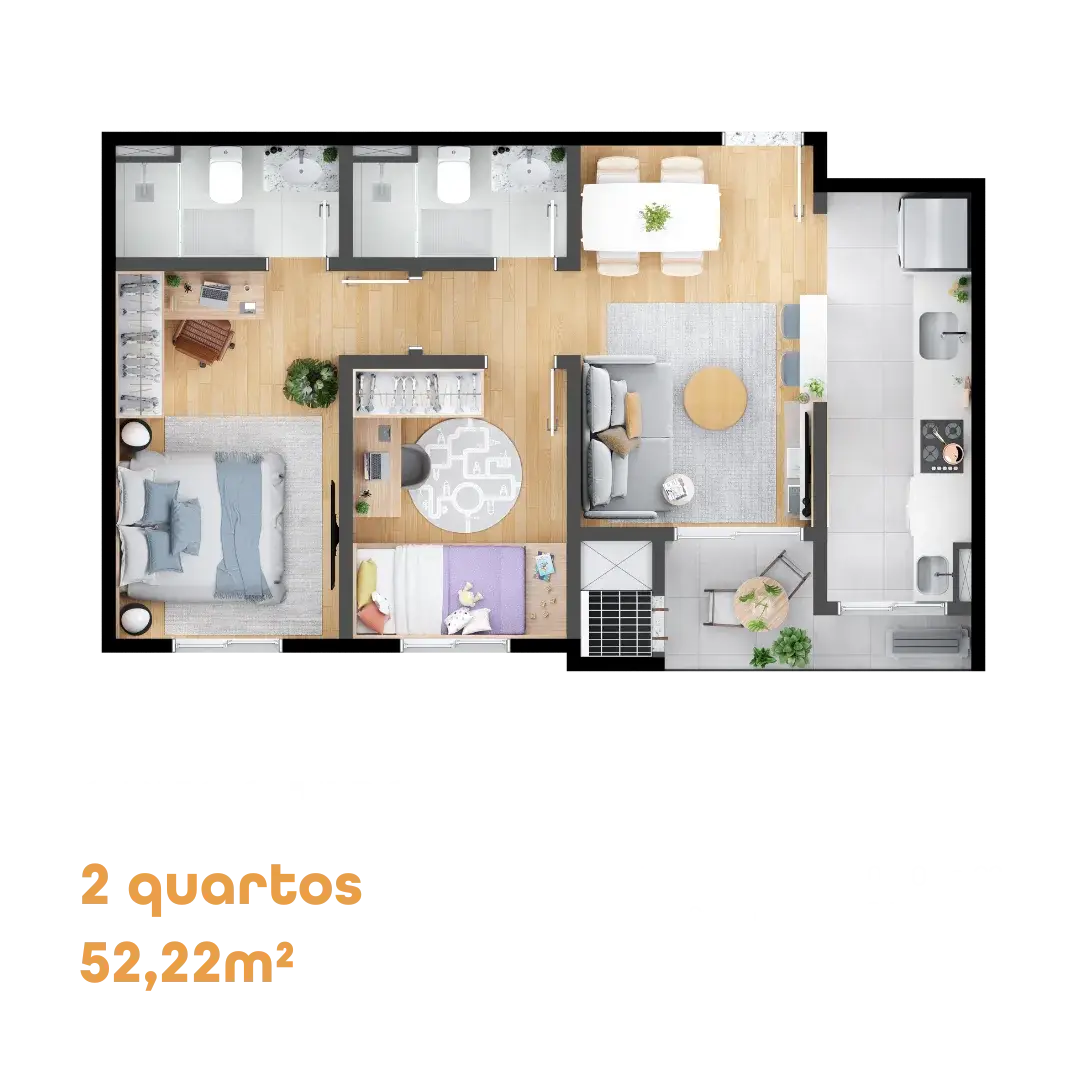 Planta do apartamento tipo de 2 quartos, 52,22 m², do MEO Anita