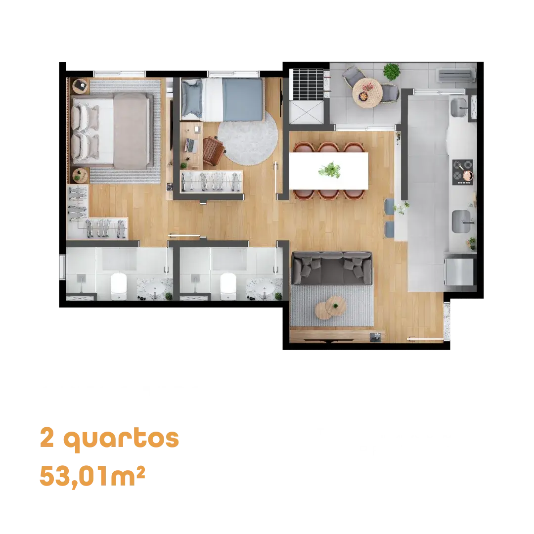 Planta do apartamento tipo de 2 quartos, 53,01 m², do MEO Anita