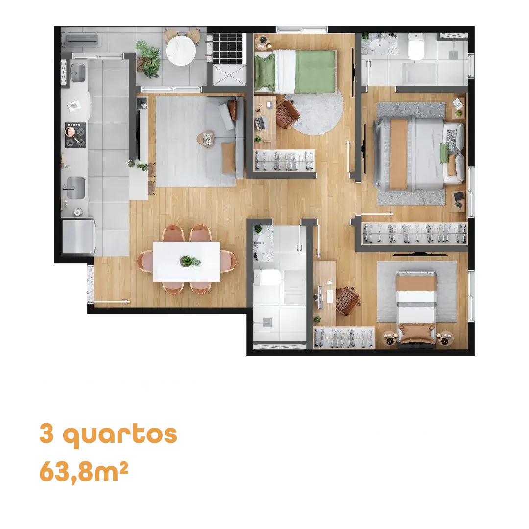 Planta do apartamento tipo de 3 quartos, 63,8 m², do MEO Anita