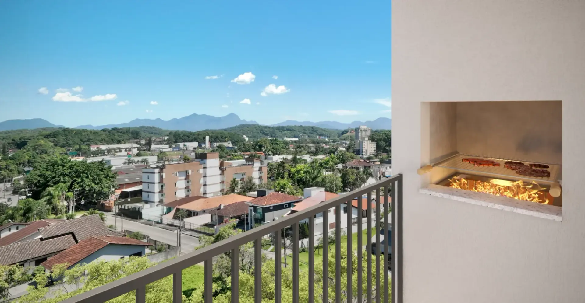 Sacada com churrasqueira a carvão de um apartamento do MEO Anita