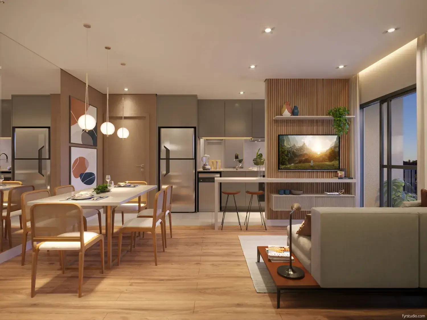 Living integrado de um apartamento de 3 quartos do MEO Hauer