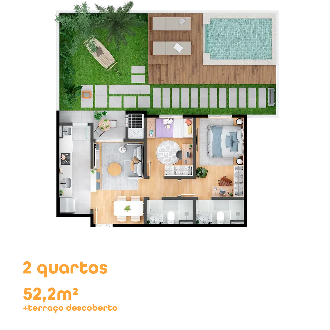 Planta do apartamento garden de 2 quartos, 52,2 m² mais terraço descoberto, do MEO Hauer