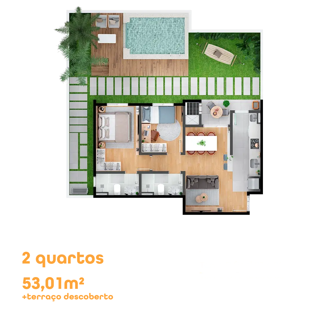 Planta do apartamento garden de 2 quartos, 53,01 m² mais terraço descoberto, do MEO Hauer