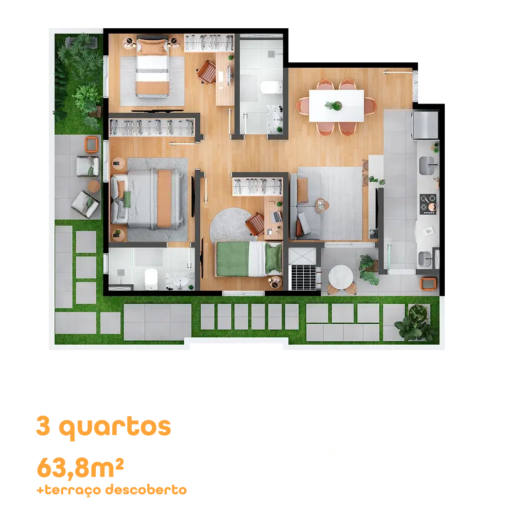 Planta do apartamento garden de 3 quartos, 63,8 m² mais terraço descoberto, do MEO Hauer