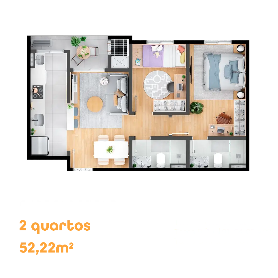 Planta do apartamento tipo de 2 quartos, 52,22 m², do MEO Hauer