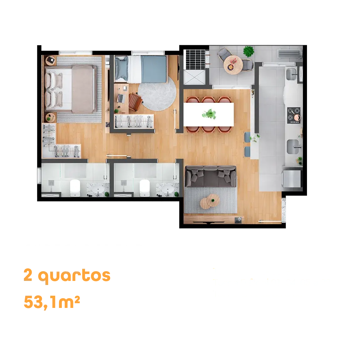 Planta do apartamento tipo de 2 quartos, 53,1 m², do MEO Hauer