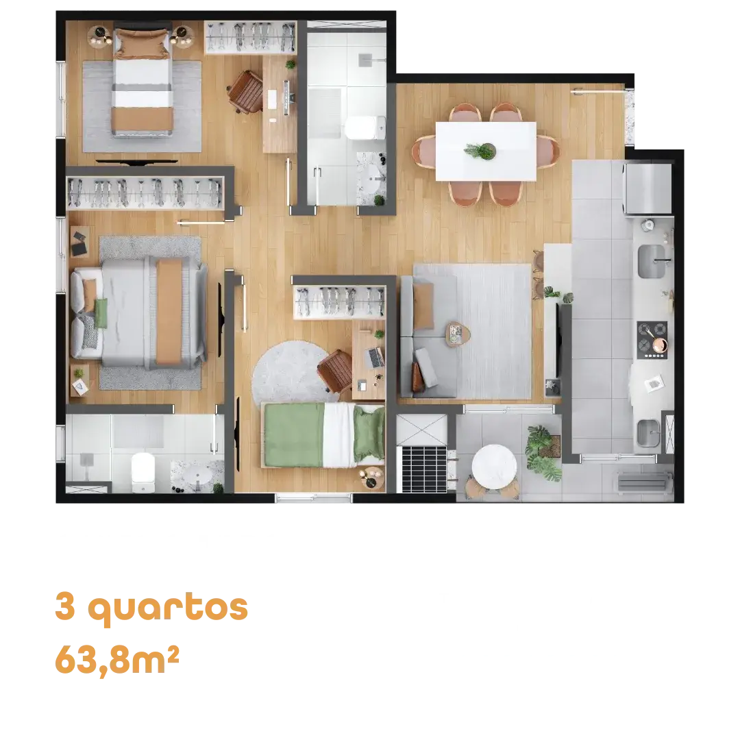 Planta do apartamento tipo de 3 quartos, 63,8 m², do MEO Hauer