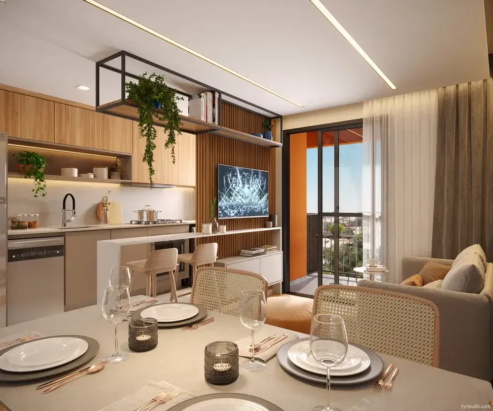 Living integrado de um apartamento de 2 quartos do MEO Neoville