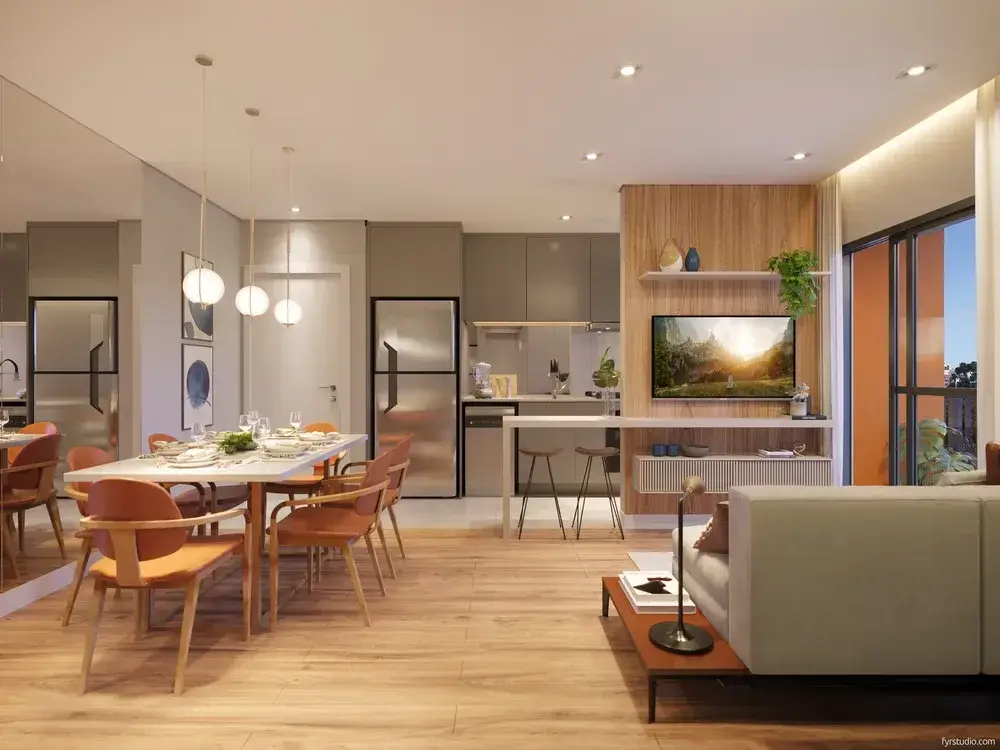 Living integrado de um apartamento de 3 quartos do MEO Neoville