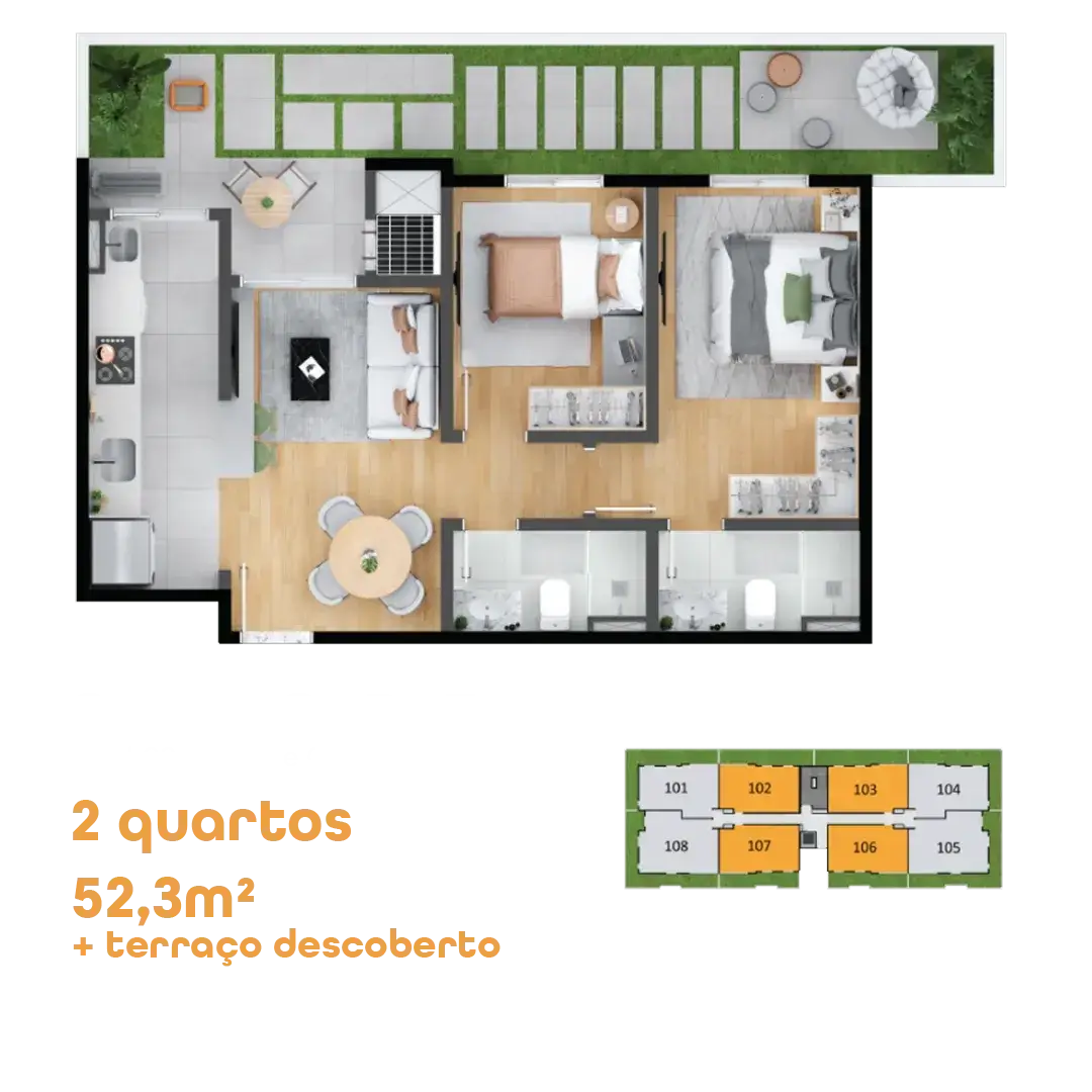 Planta do apartamento garden de 2 quartos, 52,3 m² mais terraço descoberto, do MEO Neoville