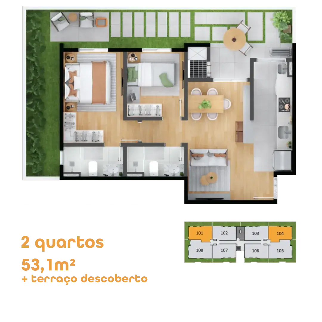 Planta do apartamento garden de 2 quartos, 53,1 m² mais terraço descoberto, do MEO Neoville