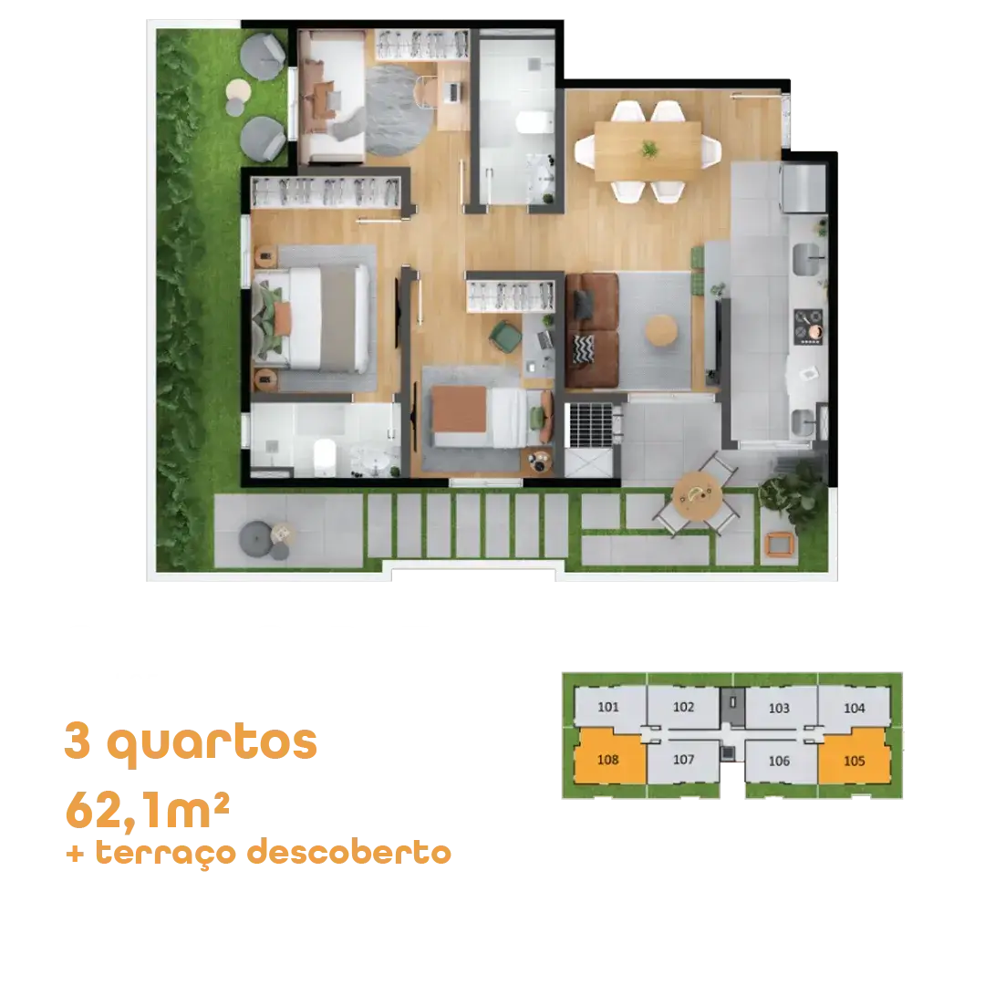 Planta do apartamento garden de 3 quartos, 62,1 m² mais terraço descoberto, do MEO Neoville