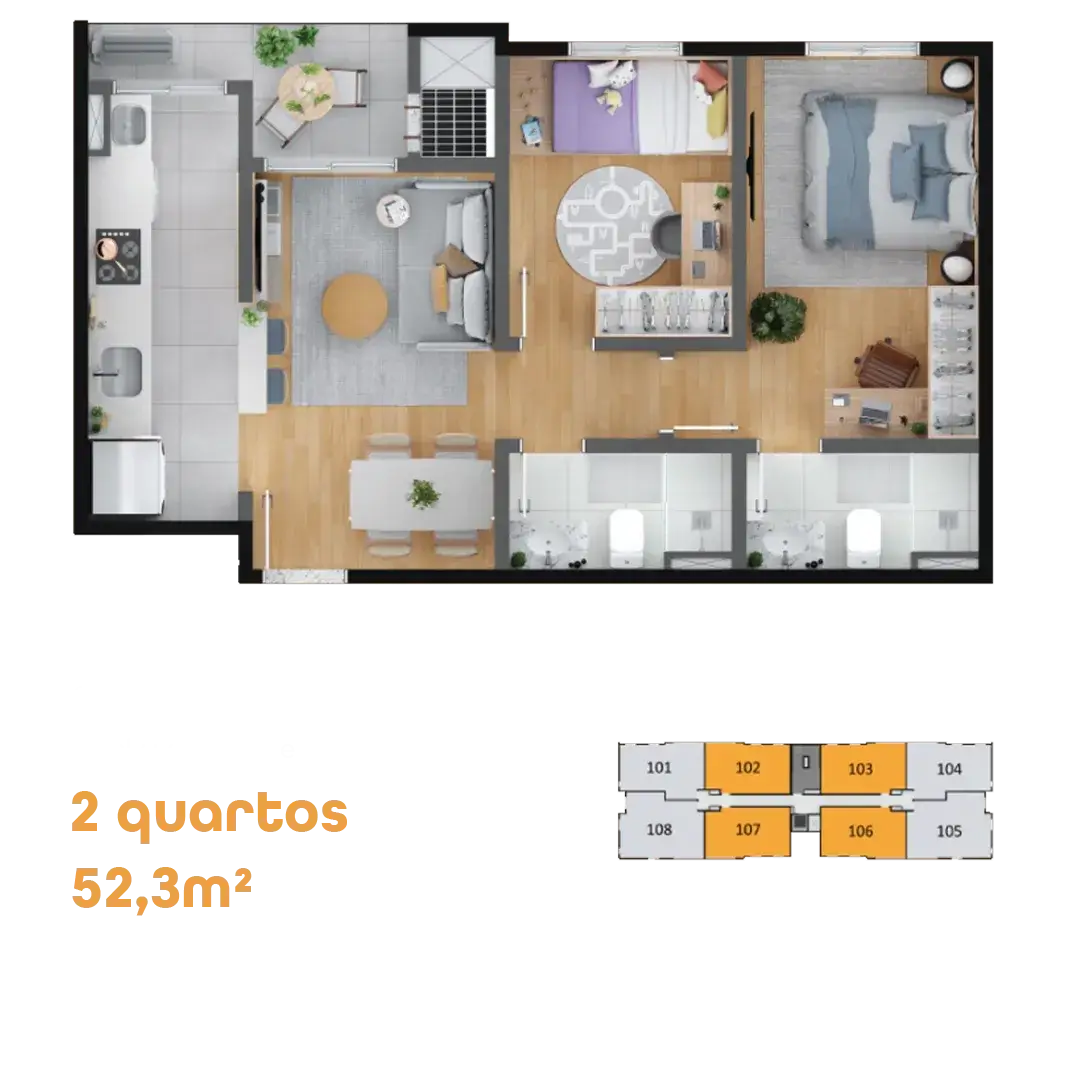 Planta do apartamento tipo de 2 quartos, 52,3 m², do MEO Neoville