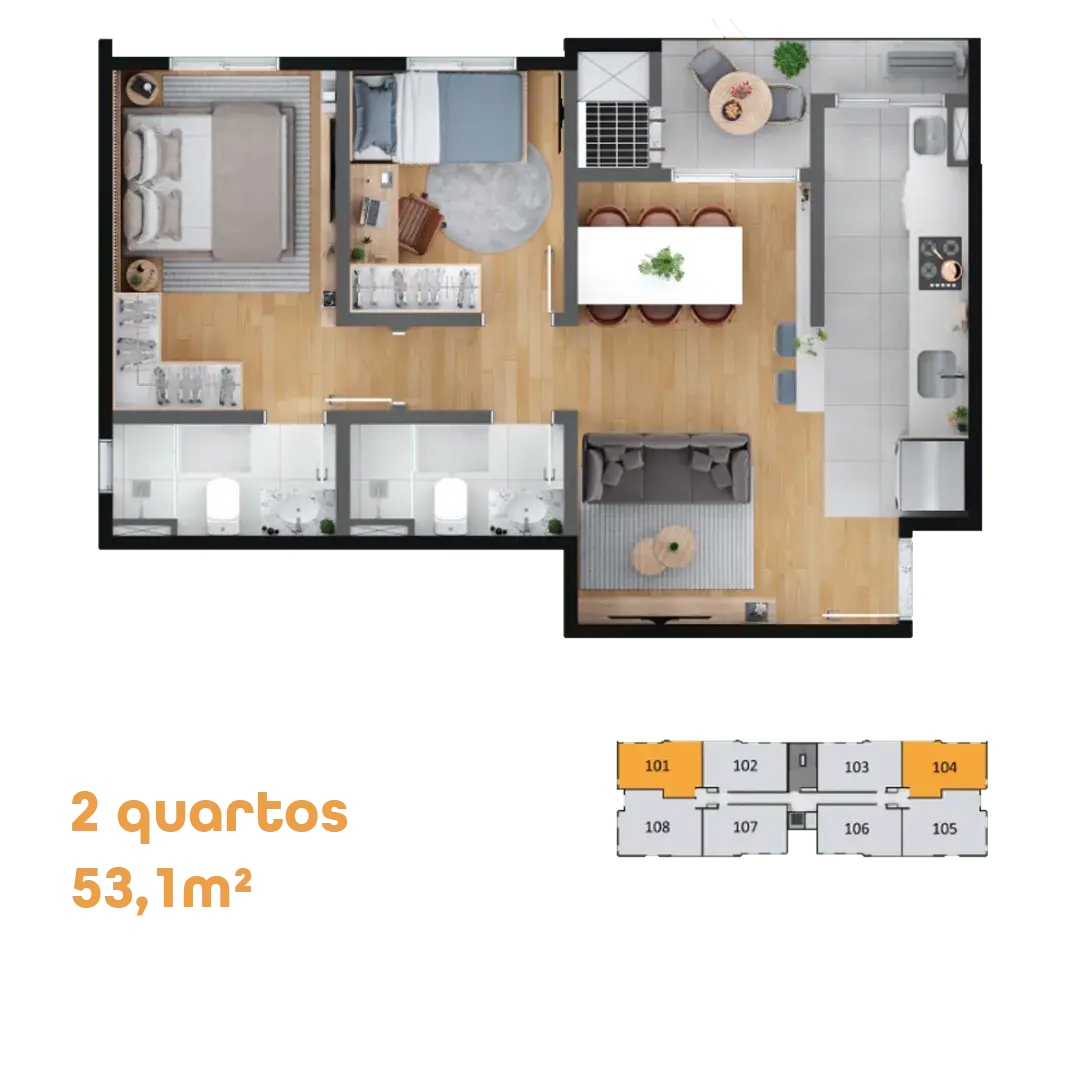 Planta do apartamento tipo de 2 quartos, 53,1 m², do MEO Neoville