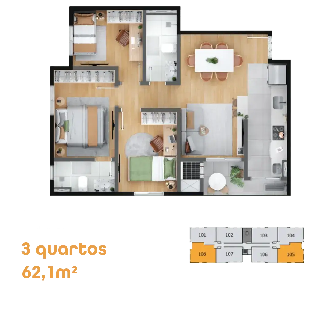 Planta do apartamento tipo de 3 quartos, 62,1 m², do MEO Neoville