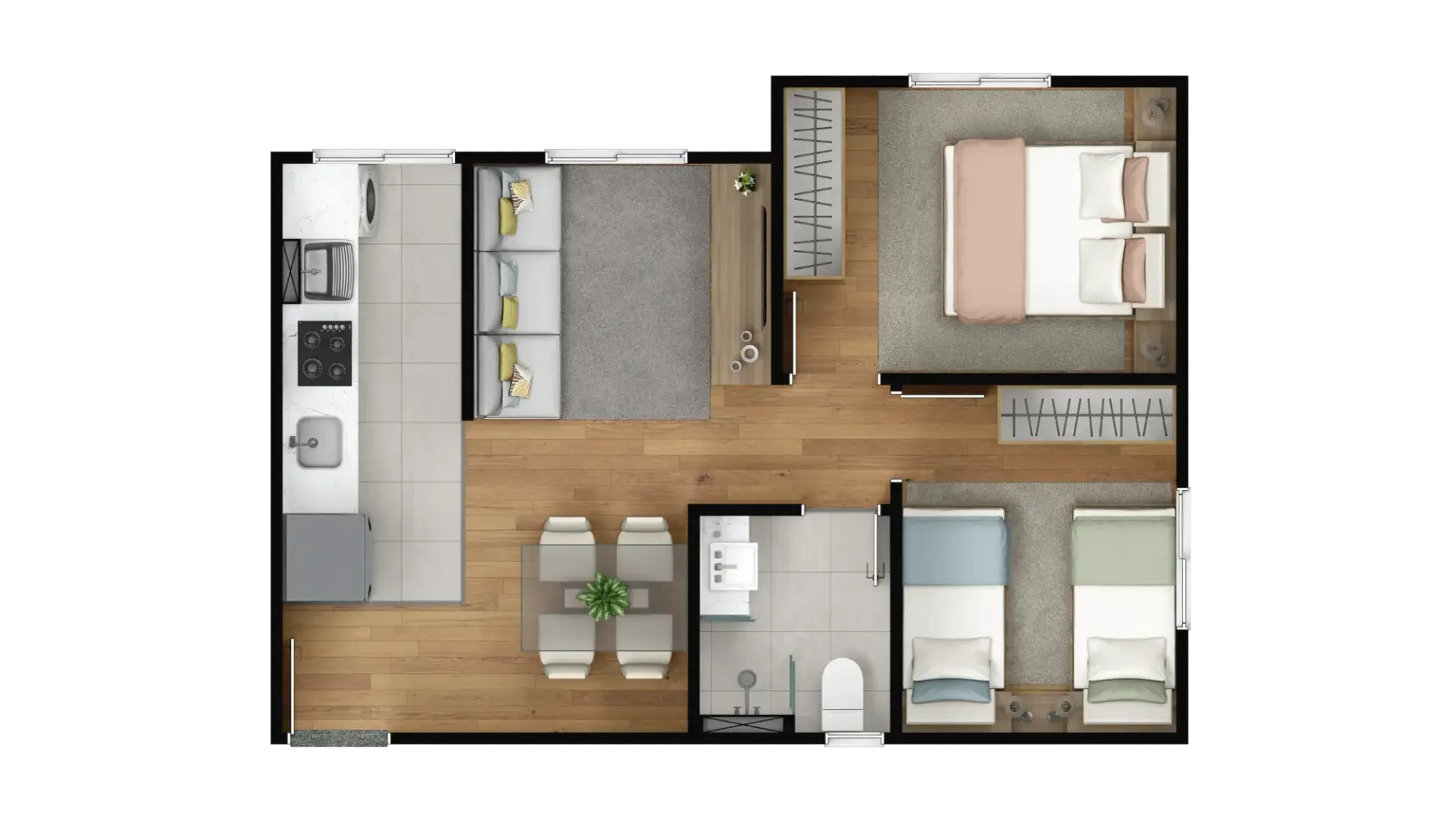 Planta humanizada do apartamento 02 do Porto Aurora