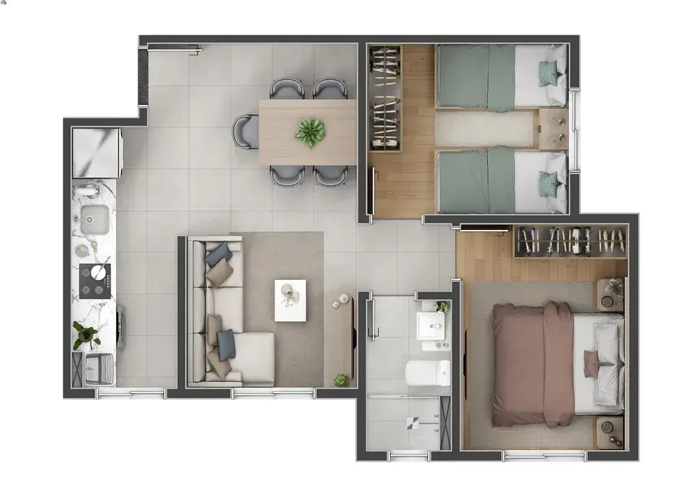 Planta do apartamento tipo A do Porto Garten, publicada na ficha da Rottas
